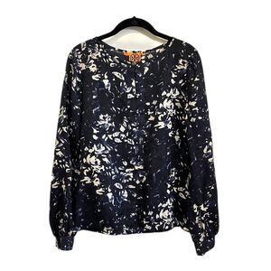 TORY BURCH Blue Black White Floral 100% Silk Blouse Top Shirt Women's Size 4